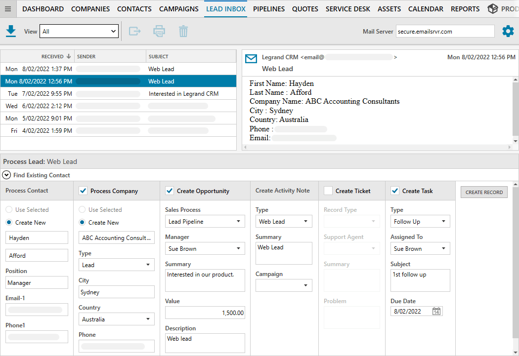 Legrand CRM Lead inbox