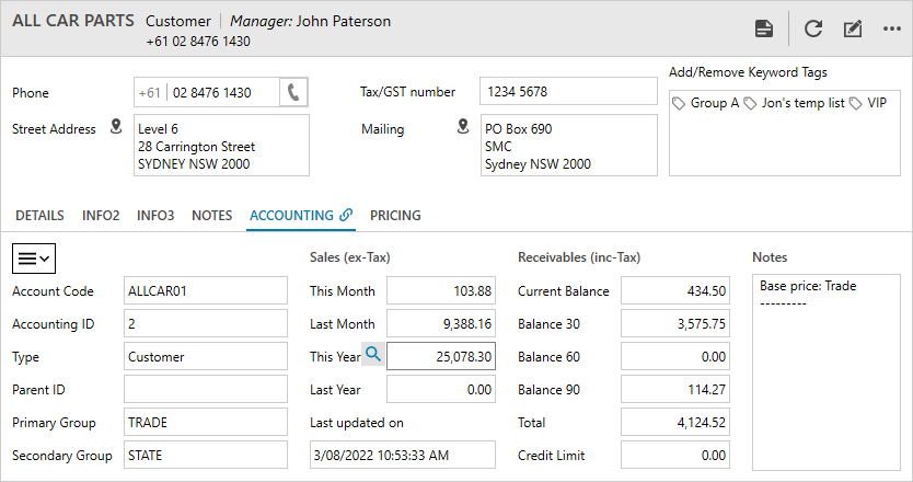 MYOB accounting data in Legrand CRM